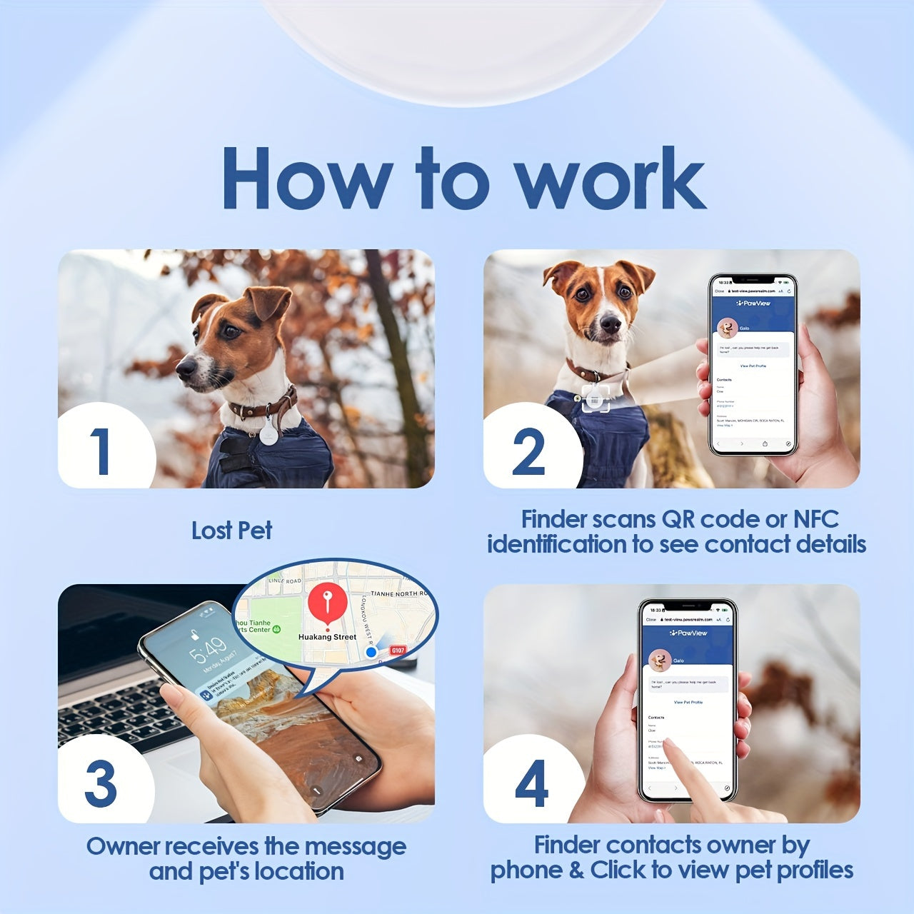 2pcs, includes 1 white and 1 blue, silent silicone QR code dog tag, equipped with pet health management application, NFC enabled, scan to share pet profile, location alert email, no need to charge. Suitable for dog collars or