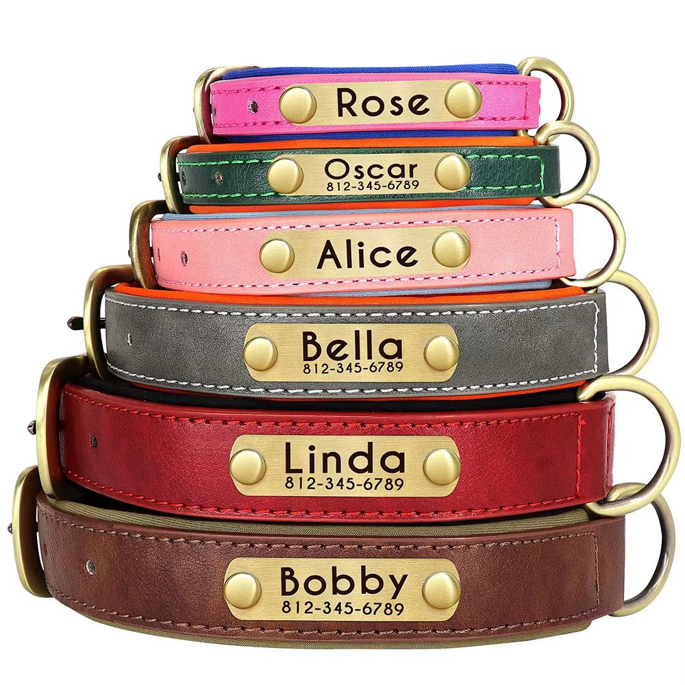 Customized PU Leather Nameplate Dog Collar Soft Padded Dogs Collars Free Engraving Name for Small Medium Large Dogs Adjustable