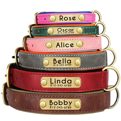 Customized PU Leather Nameplate Dog Collar Soft Padded Dogs Collars Free Engraving Name for Small Medium Large Dogs Adjustable