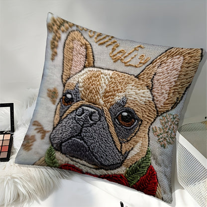 Funda de Cojín Bordada Bulldog Francés – “Winter Wonder” 18x18