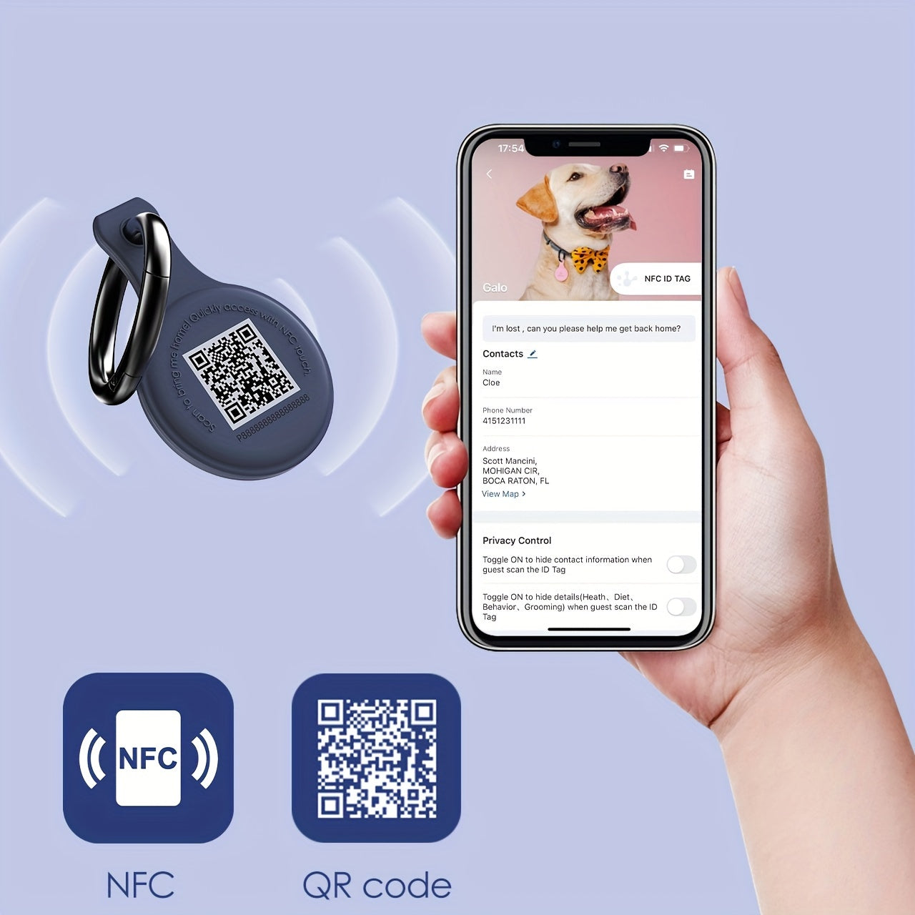 2pcs, includes 1 white and 1 blue, silent silicone QR code dog tag, equipped with pet health management application, NFC enabled, scan to share pet profile, location alert email, no need to charge. Suitable for dog collars or