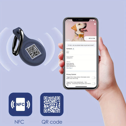 2pcs, includes 1 white and 1 blue, silent silicone QR code dog tag, equipped with pet health management application, NFC enabled, scan to share pet profile, location alert email, no need to charge. Suitable for dog collars or