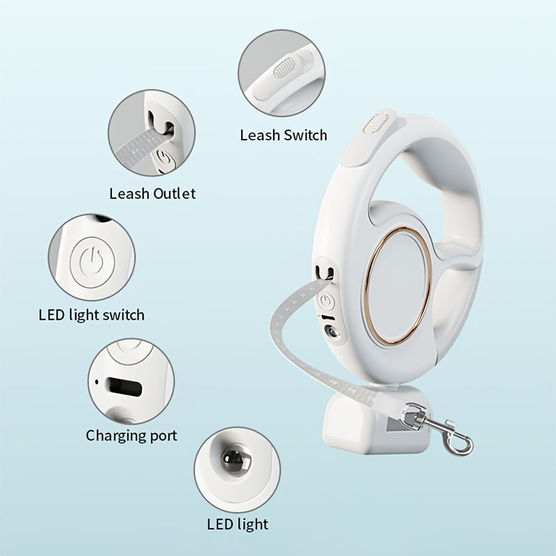 Correa Retráctil 3 m con Luz LED y Porta Bolsas – USB Recargable, Resistente hasta 100 kg