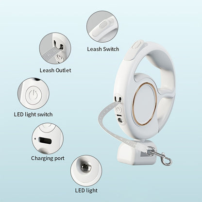 Correa Retráctil 3 m con Luz LED y Porta Bolsas – USB Recargable, Resistente hasta 100 kg