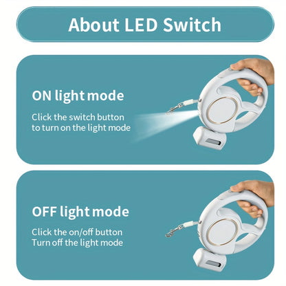 Correa Retráctil 3 m con Luz LED y Porta Bolsas – USB Recargable, Resistente hasta 100 kg