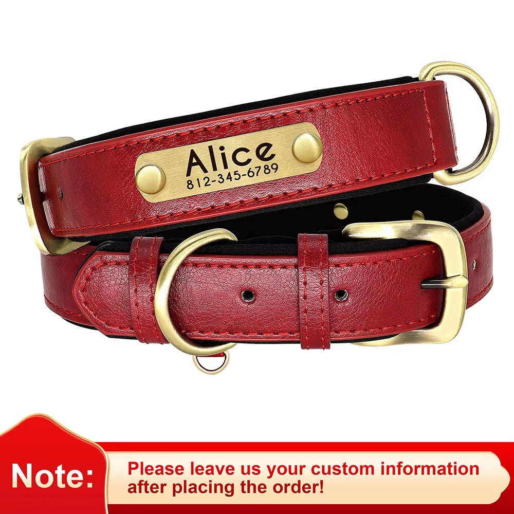 Customized PU Leather Nameplate Dog Collar Soft Padded Dogs Collars Free Engraving Name for Small Medium Large Dogs Adjustable
