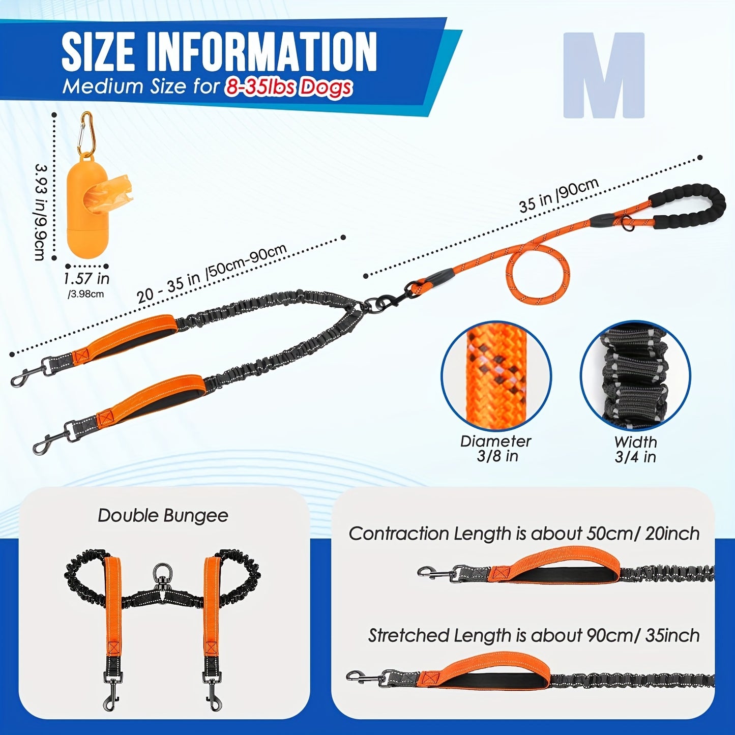Correa Doble Reflectante para Perros Grandes – Giro 360° Antienredos con Tecnología de Amortiguación