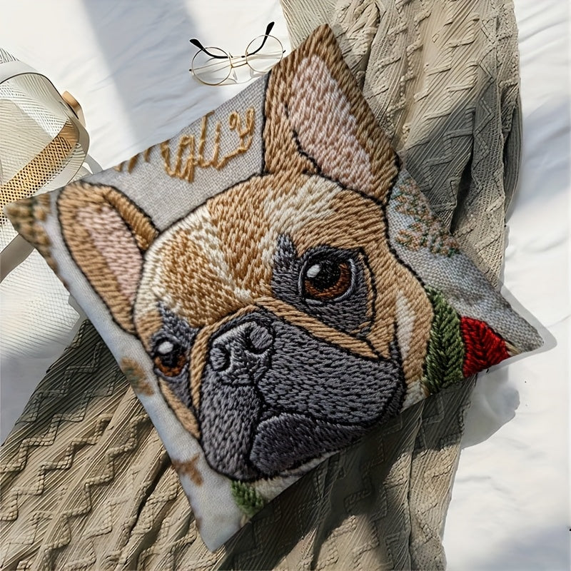 Funda de Cojín Bordada Bulldog Francés – “Winter Wonder” 18x18