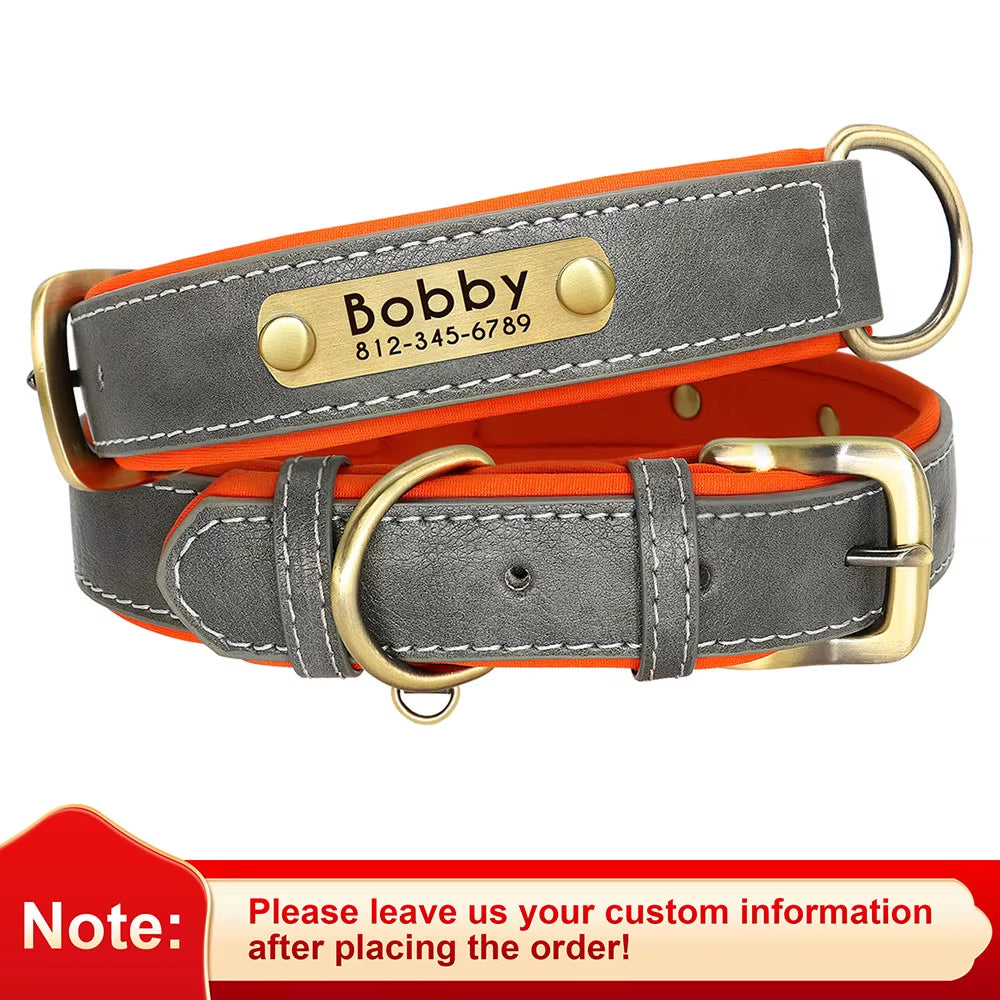 Customized PU Leather Nameplate Dog Collar Soft Padded Dogs Collars Free Engraving Name for Small Medium Large Dogs Adjustable