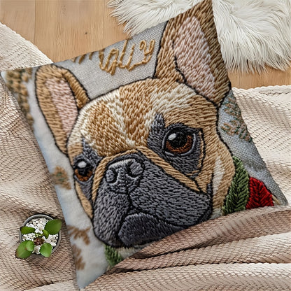 Funda de Cojín Bordada Bulldog Francés – “Winter Wonder” 18x18