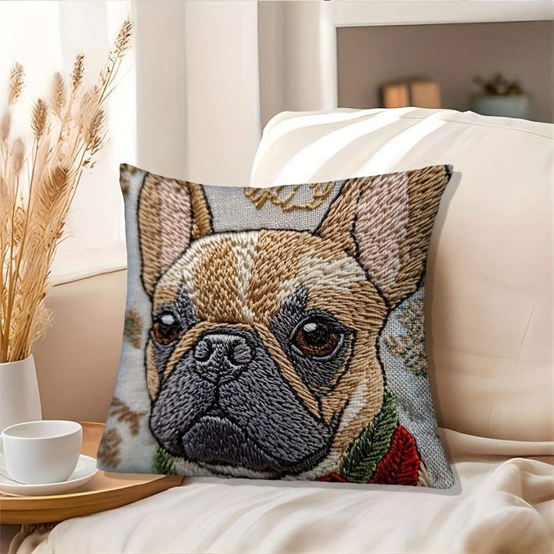 Funda de Cojín Bordada Bulldog Francés – “Winter Wonder” 18x18