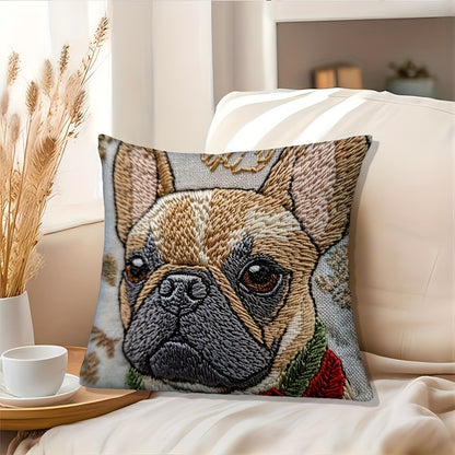 Funda de Cojín Bordada Bulldog Francés – “Winter Wonder” 18x18