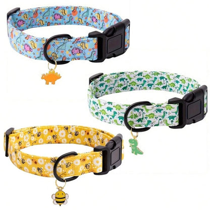 CP607/CP709--1pc pet collar with animal/dinosaur prints and pendants, adjustable twill fabric collar for dogs and cats.