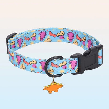 CP607/CP709--1pc pet collar with animal/dinosaur prints and pendants, adjustable twill fabric collar for dogs and cats.