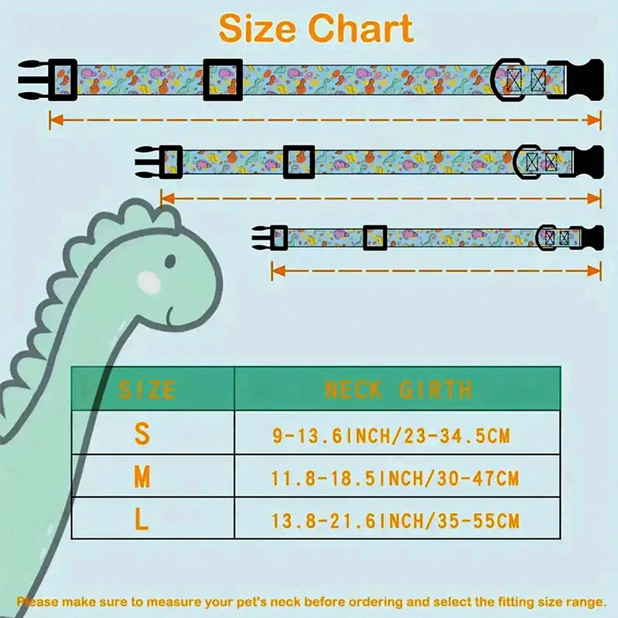 CP607/CP709--1pc pet collar with animal/dinosaur prints and pendants, adjustable twill fabric collar for dogs and cats.
