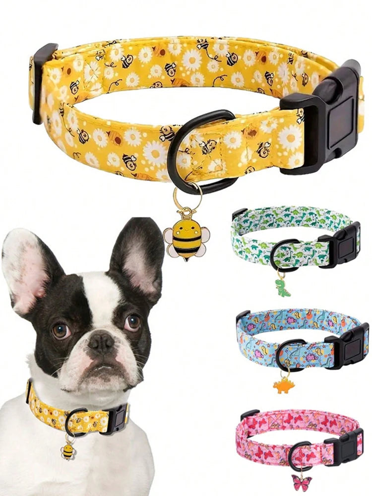 CP607/CP709--1pc pet collar with animal/dinosaur prints and pendants, adjustable twill fabric collar for dogs and cats.