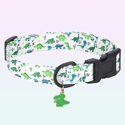 CP607/CP709--1pc pet collar with animal/dinosaur prints and pendants, adjustable twill fabric collar for dogs and cats.