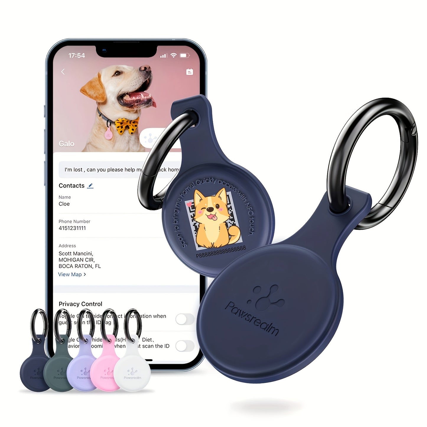 2pcs, includes 1 white and 1 blue, silent silicone QR code dog tag, equipped with pet health management application, NFC enabled, scan to share pet profile, location alert email, no need to charge. Suitable for dog collars or