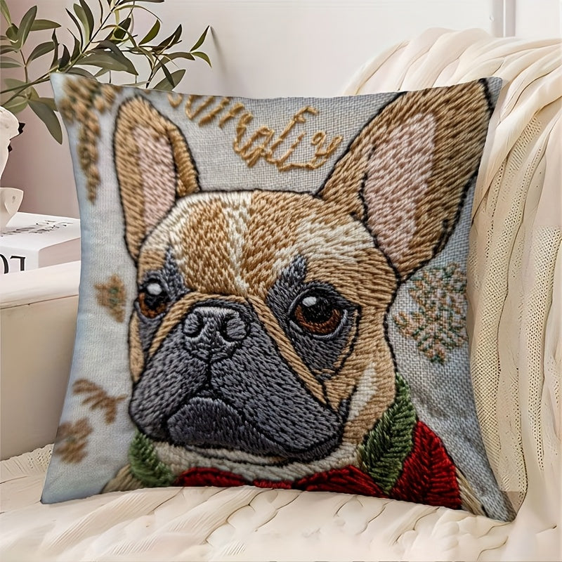 Funda de Cojín Bordada Bulldog Francés – “Winter Wonder” 18x18