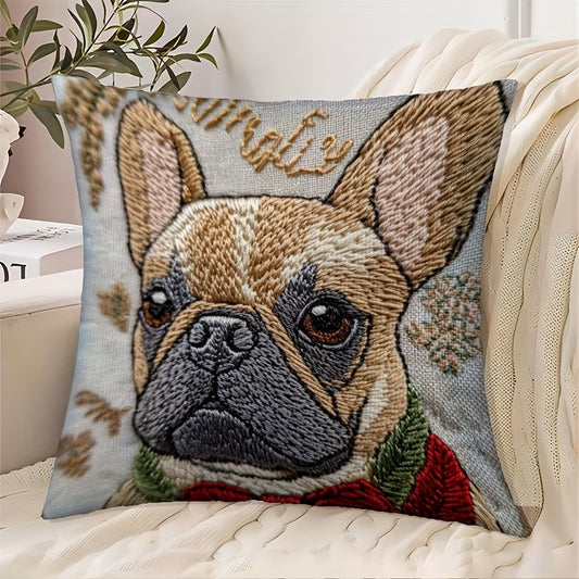Funda de Cojín Bordada Bulldog Francés – “Winter Wonder” 18x18