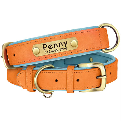 Customized PU Leather Nameplate Dog Collar Soft Padded Dogs Collars Free Engraving Name for Small Medium Large Dogs Adjustable