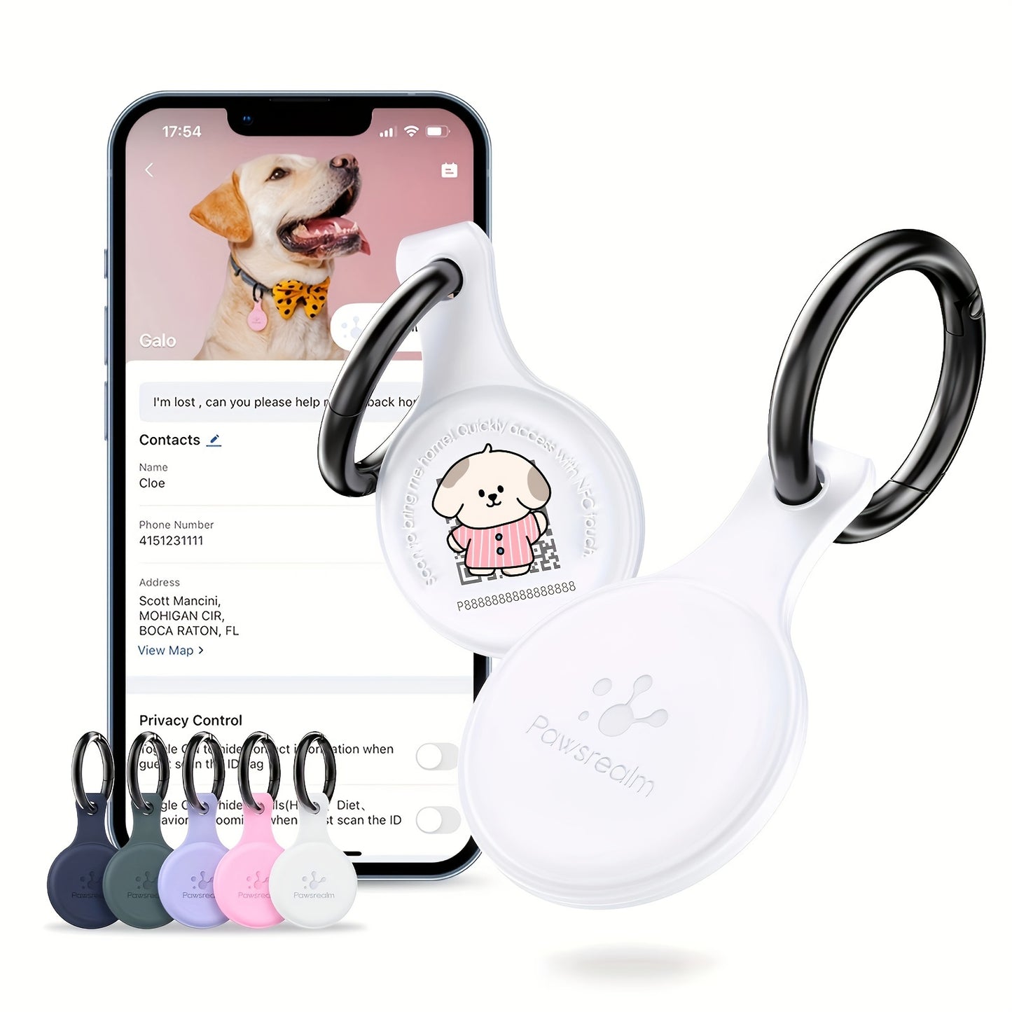 2pcs, includes 1 white and 1 blue, silent silicone QR code dog tag, equipped with pet health management application, NFC enabled, scan to share pet profile, location alert email, no need to charge. Suitable for dog collars or