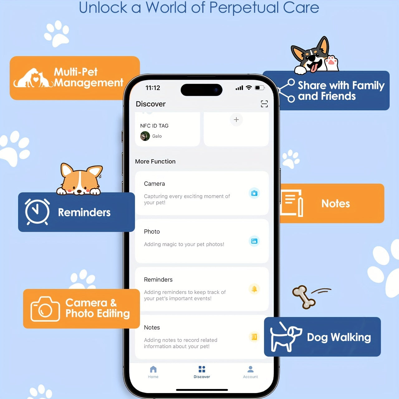 2pcs, includes 1 white and 1 blue, silent silicone QR code dog tag, equipped with pet health management application, NFC enabled, scan to share pet profile, location alert email, no need to charge. Suitable for dog collars or