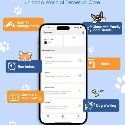 2pcs, includes 1 white and 1 blue, silent silicone QR code dog tag, equipped with pet health management application, NFC enabled, scan to share pet profile, location alert email, no need to charge. Suitable for dog collars or