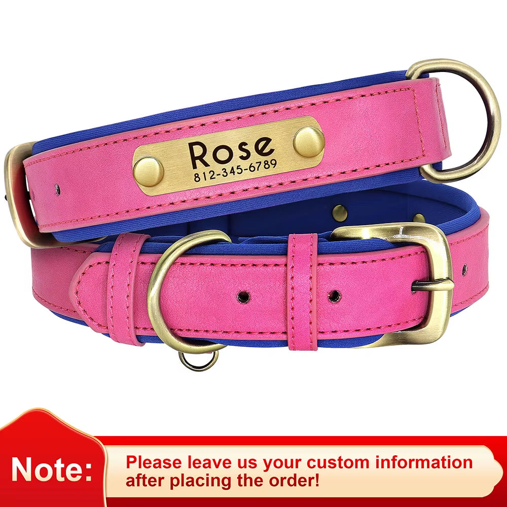 Customized PU Leather Nameplate Dog Collar Soft Padded Dogs Collars Free Engraving Name for Small Medium Large Dogs Adjustable