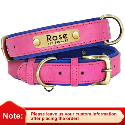 Customized PU Leather Nameplate Dog Collar Soft Padded Dogs Collars Free Engraving Name for Small Medium Large Dogs Adjustable