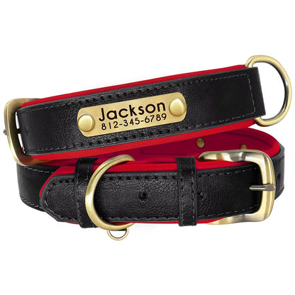 Customized PU Leather Nameplate Dog Collar Soft Padded Dogs Collars Free Engraving Name for Small Medium Large Dogs Adjustable