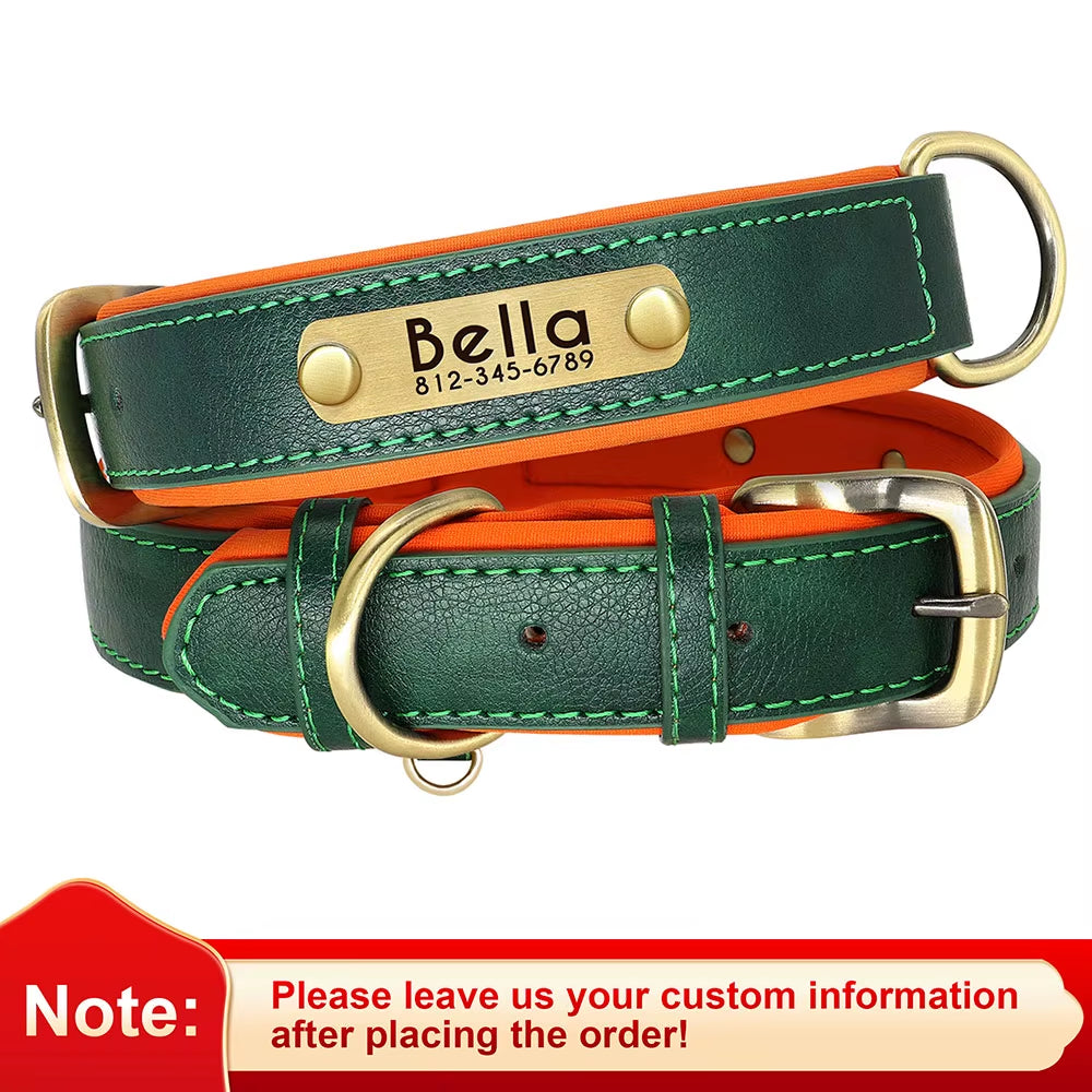 Customized PU Leather Nameplate Dog Collar Soft Padded Dogs Collars Free Engraving Name for Small Medium Large Dogs Adjustable